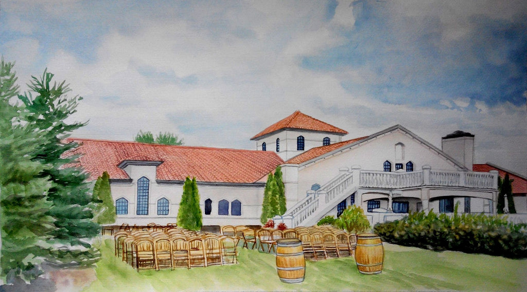 Landschaft und Häuser in Aquarell