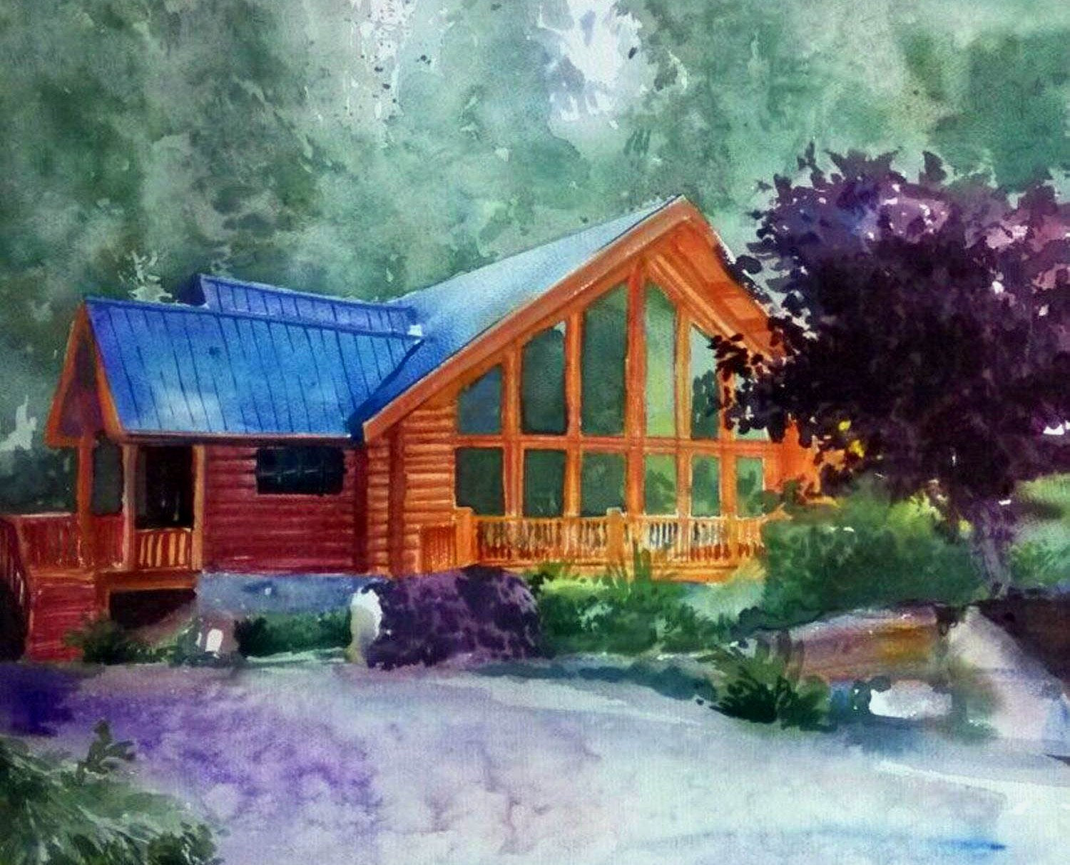 Landschaft und Häuser in Aquarell