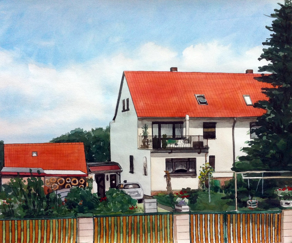 Landschaft und Häuser in Aquarell