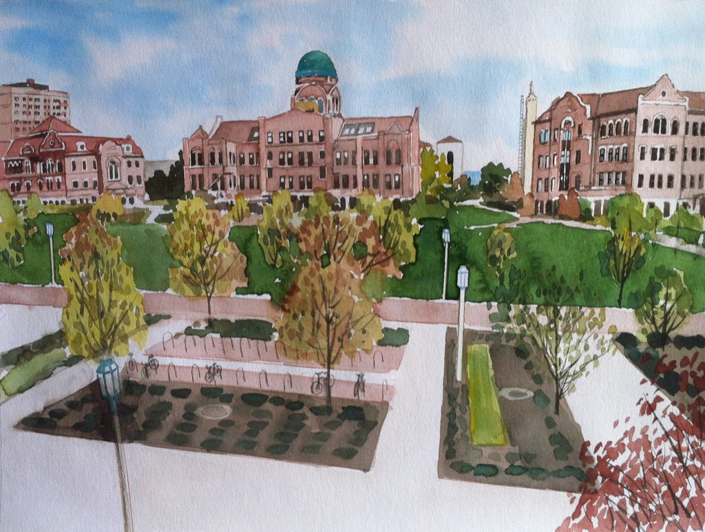 Landschaft und Häuser in Aquarell